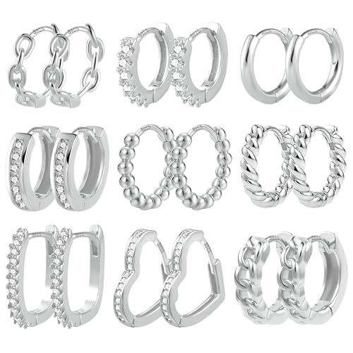 Ohrringe Set Silber Creolen Damen, 9 Paar Multipack Creolen Silber Kleine Set, Creolen Oval Herz Klobig Zirkonia Twist Quadrat Kreolen Piercing Knorpel Creolen Silber Ohrringe für Damen von ALEXCRAFT