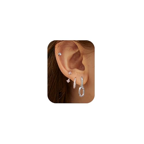 Ohrringe Silber 925 Damen, ALEXCRAFT Kleine Ohrstecker Zirkonia Silber 925 Creolen Eckige Doppel Creolen Tropfen Ohrringe Silber 925 Hängend Stapelbar Knorpel Piercing Ohrringe Set für Mehrere Ohr von ALEXCRAFT