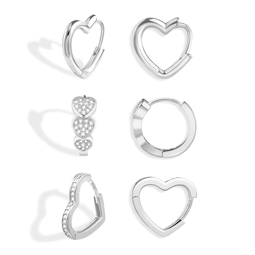 Ohrringe Silber 925 Herz Creolen Set Damen, 3Paar Sterling Silber 925 Creolen Kleine Liebe Herz Glitz Ohrringe mit Zirkonia Strass, Creolen Klein Knorpel Huggies Kreolen Silber Herzförm Ohrringe Set von ALEXCRAFT