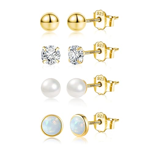 Gold Ohrringe Ohrstecker Set Damen, Kleine Ohrstecker Set 4 Paar Hypoallergenes Kleine Ohrringe Kugel Perlen Opal Ohrsteck Klein Zirkonia Ohrring Ohrsteck für Mehrere Piercings Damen Mädchen von ALEXCRAFT