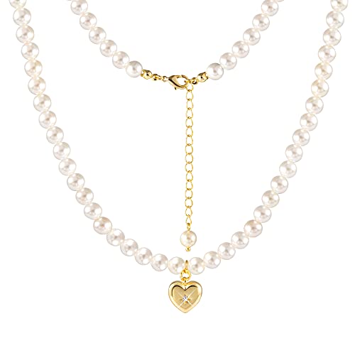 ALEXCRAFT Perlenketten für Damen und Herren Pearl Necklace Weiße Perlenkette mit goldenem Herzanhänger und Verlängerungskette Schmuckgeschenke für Frauen und Mädchen(6 mm Perlen) von ALEXCRAFT