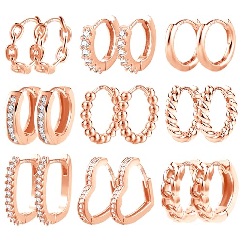 Roségold Creolen Kleine Ohrringe Set Damen, ALEXCRAFT 9 Paar Multipack Roségold Ohrringe Kleine Creolen für Mehrere Ohrlöcher, Eckig Herz Knorpel Huggie Kreolen Piercing Ohrringen Set von ALEXCRAFT