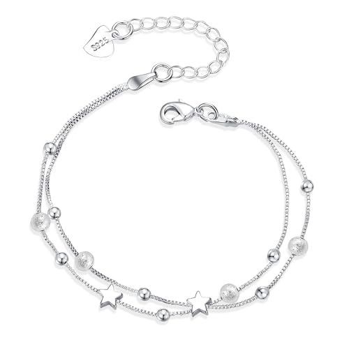 Silber 925 Armband für Damen - Silber Stern Armband Verstellbare Layered Armbänder Glänzender Ball Armschmuck Armband Silber Armband Freundschaftsarmband Geschenke für Frauen und Mädchen 17+5cm von ALEXCRAFT