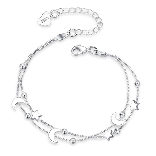 ALEXCRAFT Silber 925 Armband für Damen - Stern Mond Layered Armband Verstellbare Armbänder Armschmuck Freundschaftsarmband für Frauen und Mädchen Geschenke 17+5cm von ALEXCRAFT