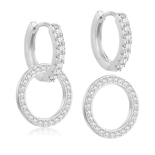 Silber 925 Creolen Hängende Ohrringe für Damen, Kleine Hängende Zirkon Doppel Creolen Ohrringe Hypoallergene Büroklammer Ohrringe Sterling Silber Ohrhänger Ohrringe Kleine Hängende Ohrringe Mädchen von ALEXCRAFT
