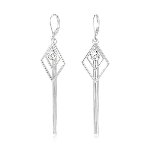Silber 925 Hängend Ohrringe Damen, Lange Hängeohrringe Quasten Ohrringe Hypoallergen Zirkonia Tropfen Schlangenkette Quasten Ohrhänger Ohrring fur Damen von ALEXCRAFT