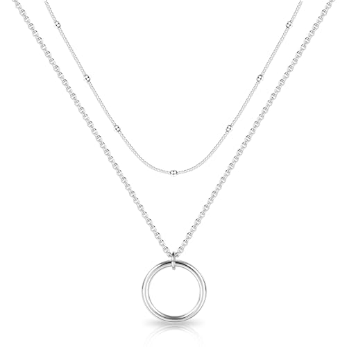 Silber 925 Halskette Layered Damen, Kette Layered mit Runder Anhänger Mehrreihige Halskette Hypoallergene Personalisierte Kette Modeschmuck Halskette für Frauen von ALEXCRAFT