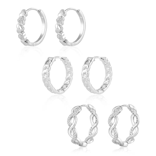 Silber 925 Ohrringe Creolen Damen, Kleine Creolen Silber Set, 3Paar Sterling Silber 925 Ohrringe Kleine Herz Kette Twist Creolen Glitz Zirkon Ohrringe Set Silber Knorpel Huggies Kreolen Creolen Damen von ALEXCRAFT