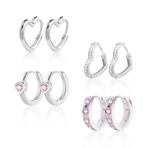 Silber 925 Ohrringe Creolen Herz, ALEXCRAFT 4 Paar Multipack Silber 925 Creolen mit Zirkon Rosa Ohrringe Set, Knorpel Ohrring Herzform Kleine Huggie Kreolen Herz Creolen Set für Damen Mädchen von ALEXCRAFT