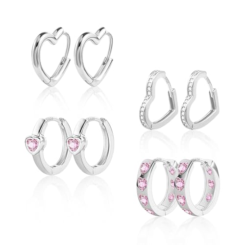 Silber 925 Ohrringe Creolen Herz, ALEXCRAFT 4 Paar Multipack Silber 925 Creolen mit Zirkon Rosa Ohrringe Set, Knorpel Ohrring Herzform Kleine Huggie Kreolen Herz Creolen Set für Damen Frauen von ALEXCRAFT