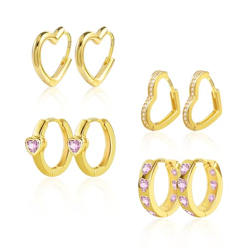 Silber 925 Ohrringe Gold Creolen Herz Set, ALEXCRAFT 4 Paar Multipack 14K Vergoldet Herzform Ohrringe Set Kleine Damen Frauen Silber 925 Creolen mit Rosa Zirkon Huggie Kreolen Herz Creolen Gold Set von ALEXCRAFT