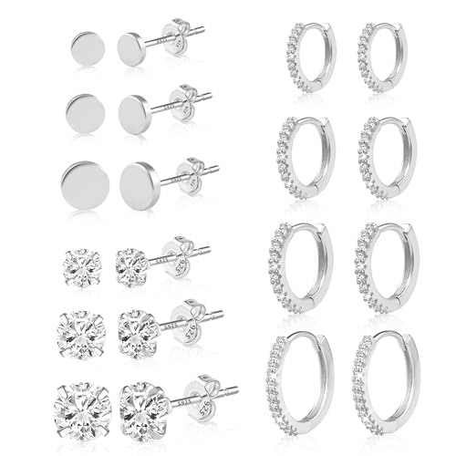 Silber 925 Ohrringe Kleine Ohrstecker Set Damen, 10 Paar Kleine Flache Ohrstecker Set Zirkon Creolen Ohrringe Set Hypoallergen Kleine Zirkon Ohrstecker Statement Kleine Ohrstecker Ohrringe Schmuck von ALEXCRAFT