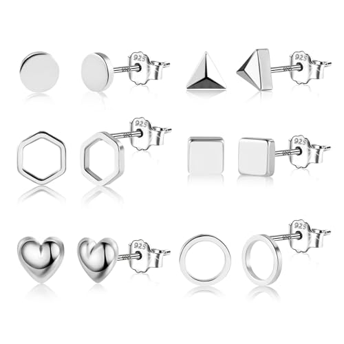 Silber 925 Ohrringe Ohrstecker Damen, Kleine Geometrische Ohrstecker Set 6 Paar Hypoallergen Mini Herz Ohrringe Dreieck Quadrat Hohl Ohrsteck Statement Ohrsteck Set Mehreren Piercings von ALEXCRAFT