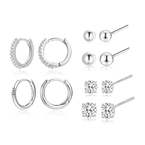 Silber 925 Ohrstecker Ohrringe Set, ALEXCRAFT 6 Paar Sterling Silber 925 Creolen Kleine Ohrringe Set für Damen, Knorpel Huggie Creolen mit Diamant Zirkonia Ohrringe Mini kugel Ohrstecker Kleine Set von ALEXCRAFT