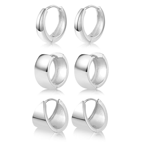 Silber Creolen Klobig Ohrringe Set Damen, 3 Paar Multipack Silber 925 Creolen Kleine Knorpel Kreolen Huggie Creolen Oval Klobig Leicht Breit Chunky Ohrringe Mini Kleine Silber Creolen Damen Mädchen von ALEXCRAFT