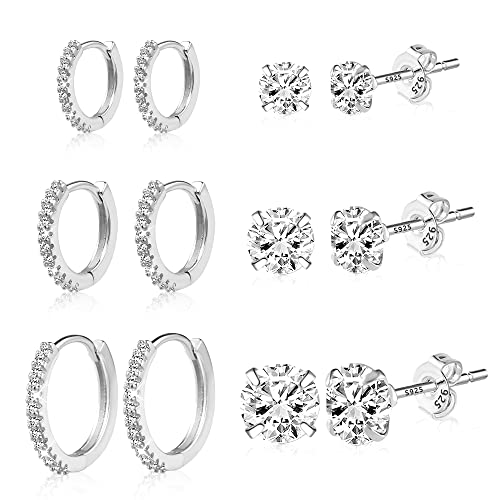 ALEXCRAFT Silber Creolen Ohrringe, Sterling Silber 925 Ohrringe Set für Damen, AAA+ Diamant Zirkonia Mini kugel Ohrstecker kleine, 6 Paar Hypoallergen Knorpel Huggie Creolen Ohrstecker Ohrringe Set von ALEXCRAFT