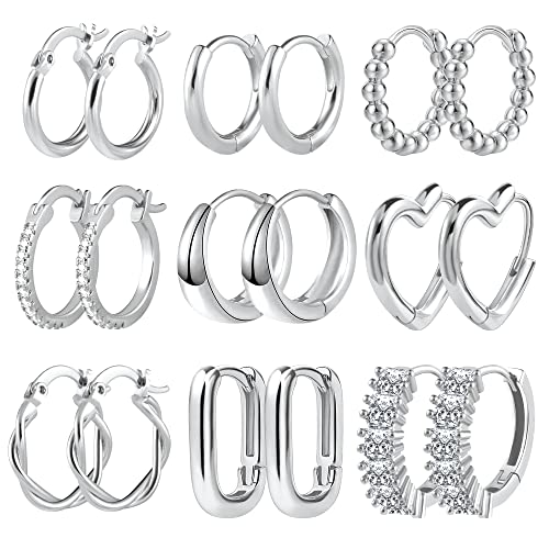 ALEXCRAFT Silber Ohrringe, Multipack Ohrringe Creolen Kleine Set, Silber Ohrringe Oval Herz Klobig Zirkonia Twist Quadrat Kreolen Piercing Knorpel Ohrringe Silber Creolen Set für Damen Mädchen von ALEXCRAFT