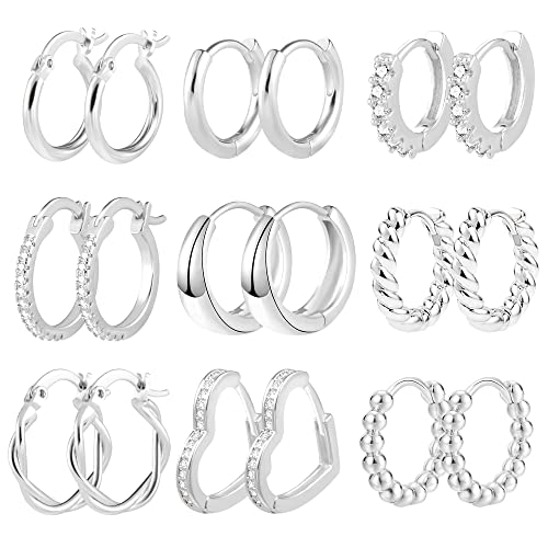 Silber Creolen Ohrringe Set, 9 Paar für Damen, Multipack mit Zirkonia Twist Herz Klobig Huggies Piercing Knorpel Kreolen von ALEXCRAFT