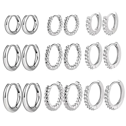 Silber Creolen Ohrringe Set Damen, 9 Paar Silber Creolen mit Zirkonia Twist, Hypoallergen für Mehrere Ohrlöcher von ALEXCRAFT