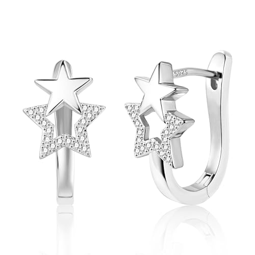 Silber 925 Ohrringe für Damen, Kleine Creolen Ohrringe Kleine Stern Creolen Silber Zirkonia Ohrringe Hypoallergen Kleine Huggie Creolen Ohrringe Zirkonia Stern Ohrringe für Frauen Mädchen von ALEXCRAFT