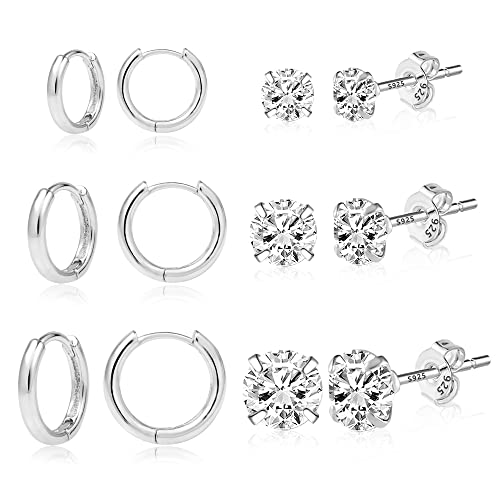 ALEXCRAFT Silber Ohrringe für Damen, Sterling Silber 925 Creolen Ohrringe Set, AAA+ Diamant Zirkonia Mini kugel Ohrstecker kleine, 6 Paar Hypoallergen Knorpel Huggie Creolen Ohrstecker Ohrringe Set von ALEXCRAFT