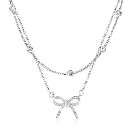 Sterling Silber 925 Ketten Bogen Halskette Damen Frauen, Verstellbares Bogen Schleifen Anhänger Ketten Halsketten mit Zirkonia Doppel Layering Stapelbare Layered Kette Boho Silber Schmuck Kette Sterling Silber 925 Ketten Bogen Halskette Damen Frauen, Verstellbares Bogen Schleifen Anhänger Ketten Halsketten mit Zirkonia Doppel Layering Stapelbare Layered Kette Boho Silber Schmuck Kette von ALEXCRAFT