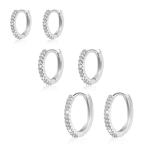 Sterlingsilber 925 Creolen Damen Ohrringe Silber 925, 3 Paar Schlafen Creolen Ohrringe Silber Set, Kleine Creolen mit Zirkonia,Hypoallergen Huggies Creolen Klein Kreolen Damen Herren Männer Mädchen von ALEXCRAFT