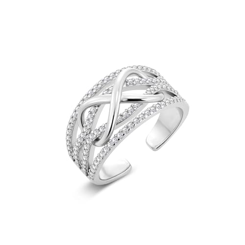 Unendlichkeits Zirkonia Ringe Sterling Silber 925 Stapelbar Einfacher Verstellbare Offen Breit Dick Glänz Blitz Groß Diamant Zirkonia Verlobungsring Eheringe Silber Daumen Finger Ringe Damen Frauen von ALEXCRAFT