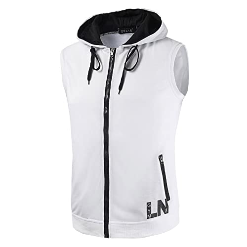 ALEYHA Herren Sport Kapuzenjacke Tank Top Kapuzenpullover Gym Fitness Ärmelloser Hoodie Muskelshirt Mit Reißverschluss Persönlichkeit Tank Shirt Herren D-White M von ALEYHA