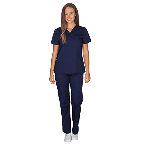ALEZI Medizinische Arbeitskleidung & OP-Kleidung - Klinik Kasack Set für Frauen | Rundhalsausschnitt, Mid-Line Passform, Taschen | Waschbar und langlebig | Medizinische Uniform für Damen (Dunkelblau) von ALEZI