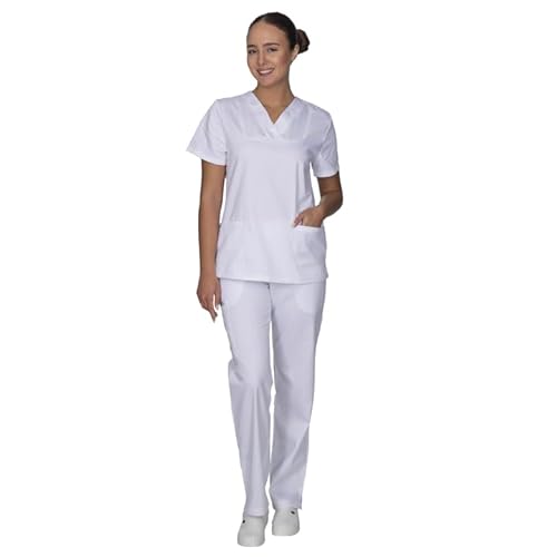 ALEZI Medizinische Arbeitskleidung & OP-Kleidung - Klinik Kasack Set für Frauen | Rundhalsausschnitt, Mid-Line Passform, Taschen | Waschbar und langlebig | Medizinische Uniform für Damen (Weiß) von ALEZI