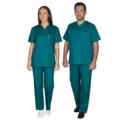 ALEZI Medizinische Arbeitskleidung & OP-Kleidung - Klinik Kasack Unisex | Rundhalsausschnitt, Taschen | Waschbar und langlebig | Medizinische uniform für Damen und Herren | XXS-8XL (Dunkelgrün) von ALEZI