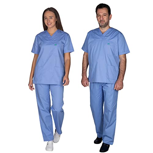 ALEZI Medizinische Arbeitskleidung & OP-Kleidung - Klinik Kasack Unisex | Rundhalsausschnitt, Taschen | Waschbar und langlebig | Medizinische uniform für Damen und Herren | XXS-8XL (Helblau) von ALEZI