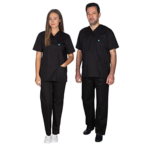 ALEZI Medizinische Arbeitskleidung & OP-Kleidung - Klinik Kasack Unisex | Rundhalsausschnitt, Taschen | Waschbar und langlebig | Medizinische uniform für Damen und Herren | XXS-8XL (Schwarz) von ALEZI