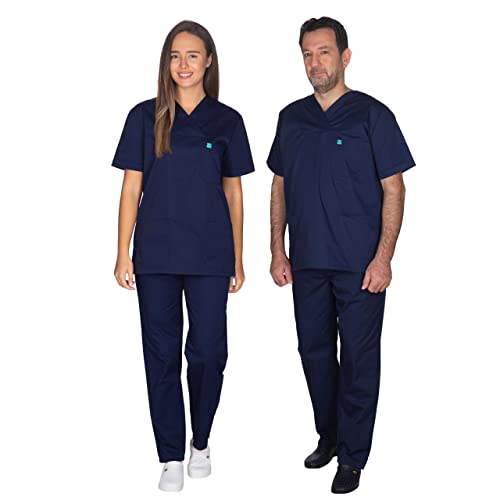 ALEZI Medizinische Arbeitskleidung & OP-Kleidung - Klinik Kasack Unisex | Rundhalsausschnitt, Taschen | Waschbar und langlebig | Medizinische uniform für Damen und Herren | XXS-8XL (Dunkelblau) von ALEZI