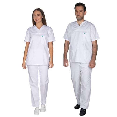 ALEZI Medizinische Arbeitskleidung & OP-Kleidung - Klinik Kasack Unisex | Rundhalsausschnitt, Taschen | Waschbar und langlebig | Medizinische uniform für Damen und Herren | XXS-9XL (Weiß) von ALEZI