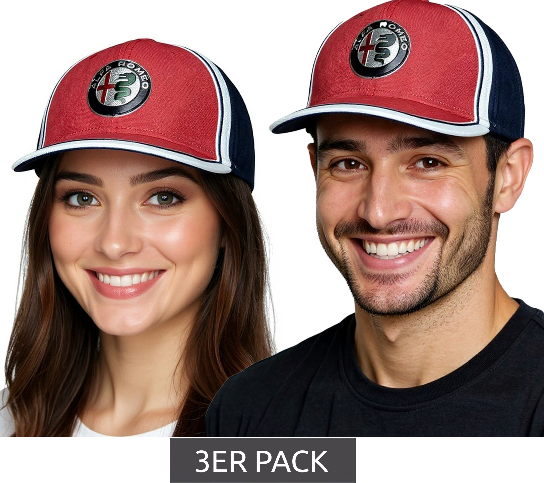 3er Sparpack ALFA ROMEO Base-Cap für Damen oder Herren mit Logo-auf der Front Baumwoll-Cap AFRCPF52 Dunkelblau/Rot/Weiß von ALFA ROMEO