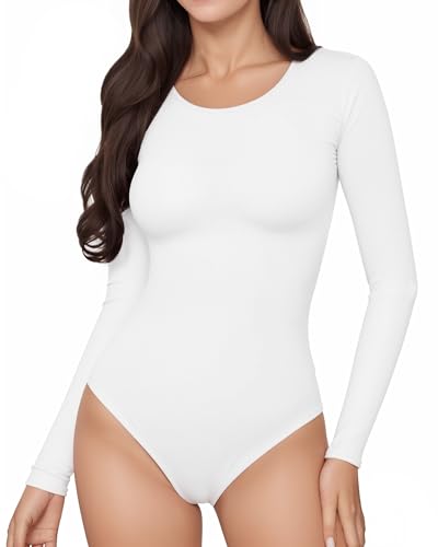 ALGALAROUND Damen Bodys T-shirts Langarm Bodysuit mit Classic Rundhalsausschnitt Langarmbody Baumwolle ELegant Damenbody Women Tops Oberteil Weiß XL von ALGALAROUND