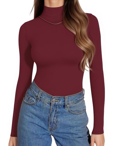 ALGALAROUND Damen Langarmshirt Rollkragenshirt Basic Langarm Shirts Slim Fit Rollkragen T-Shirts Gerippt Longshirt Party Outfit Elegant Oberteile Tops Burgunderrot XS von ALGALAROUND