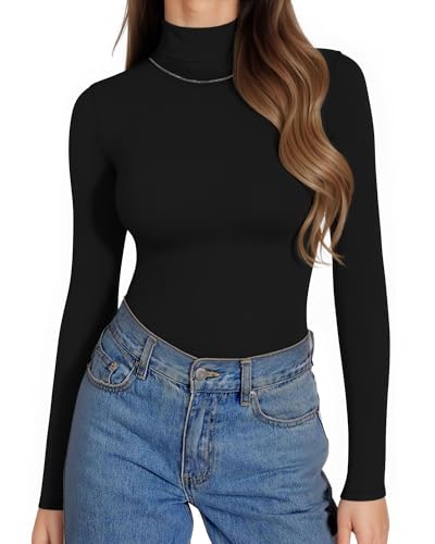 ALGALAROUND Damen Langarmshirt Rollkragenshirt Basic Langarm Shirts Slim Fit Rollkragen T-Shirts Gerippt Longshirt Party Outfit Elegant Oberteile Tops Schwarz M von ALGALAROUND