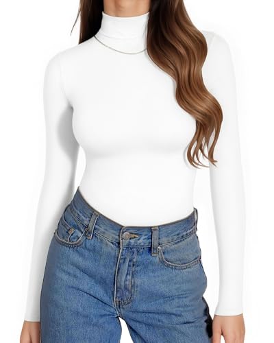 ALGALAROUND Damen Langarmshirt Rollkragenshirt Basic Langarm Shirts Slim Fit Rollkragen T-Shirts Gerippt Longshirt Party Outfit Elegant Oberteile Tops Weiß S von ALGALAROUND