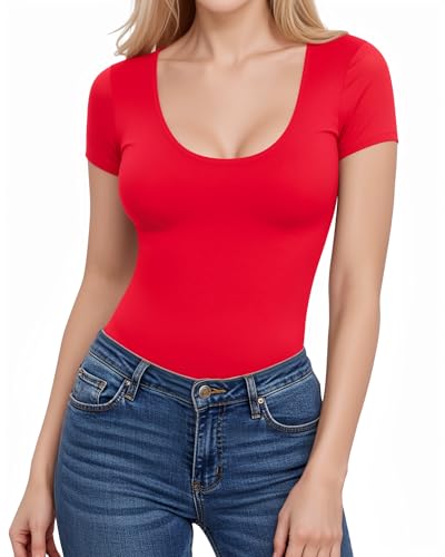 ALGALAROUND Damen T-Shirt Kurzarm Shirt U-Ausschnitt Basic Top Elegant Y2K Oberteile Shirts Slim Fit Tshirt Stretch Sommer Tops 2025 Outfits Rot S von ALGALAROUND