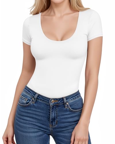 ALGALAROUND Damen T-Shirt Kurzarm Shirt U-Ausschnitt Basic Top Elegant Y2K Oberteile Shirts Slim Fit Tshirt Stretch Sommer Tops 2025 Outfits Weiß S von ALGALAROUND