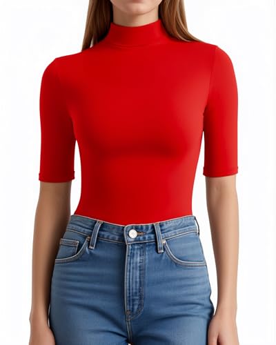 ALGALAROUND Damen T-Shirt Rollkragen Halbarm 1/2 Arm Shirt Stehkragen T-Shirt Basic Langarmshirts Oberteil Longshirt Top Long Sleeve Shirts für Damen 2025 Herbst Outfit Rot L von ALGALAROUND