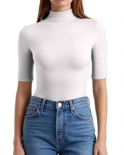 ALGALAROUND Damen T-Shirt Rollkragen Halbarm 1/2 Arm Shirt Stehkragen T-Shirt Basic Langarmshirts Oberteil Longshirt Top Long Sleeve Shirts für Damen 2025 Herbst Outfit Weiß XL von ALGALAROUND