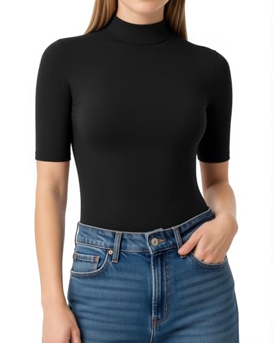 ALGALAROUND Damen T-Shirt Rollkragen Halbarm 1/2 Arm Shirt Stehkragen Tshirt Basic Langarmshirts Oberteil Longshirt Top Long Sleeve Shirts für Damen 2025 Herbst Outfit Schwarz XXL von ALGALAROUND