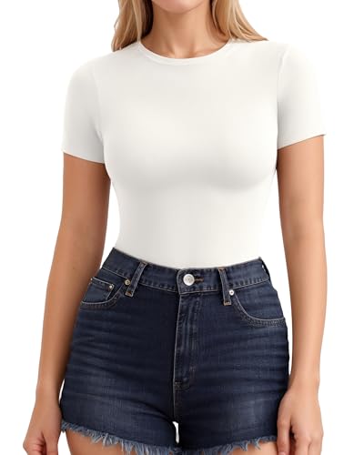 ALGALAROUND Damen T-Shirts Kurzarm mit Rundhalsausschnitt Basic Eng Dehnbar Tshirt Oberteile Slim Fit Top Short Sleeve Shirts for Ladies 2025 Sommer Outfit Weiß L von ALGALAROUND