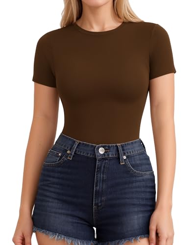 ALGALAROUND Damen T-Shirts Kurzarm mit Rundhalsausschnitt Basic Eng Dehnbar Tshirt Oberteile Slim Fit Top Short Sleeve Shirts for Ladies 2025 Sommer Outfit Braun M von ALGALAROUND