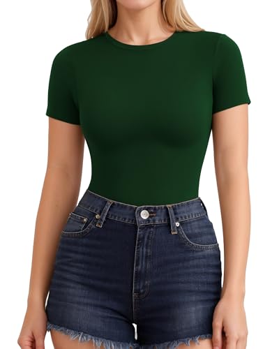 ALGALAROUND Damen T-Shirts Kurzarm mit Rundhalsausschnitt Basic Eng Dehnbar Tshirt Oberteile Slim Fit Top Short Sleeve Shirts for Ladies 2025 Sommer Outfit Dunkelgrün S von ALGALAROUND