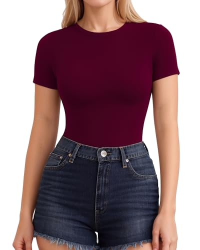 ALGALAROUND Damen T-Shirts Kurzarm mit Rundhalsausschnitt Basic Eng Dehnbar Tshirt Oberteile Slim Fit Top Short Sleeve Shirts for Ladies 2025 Sommer Outfit Burgunderrot XL von ALGALAROUND